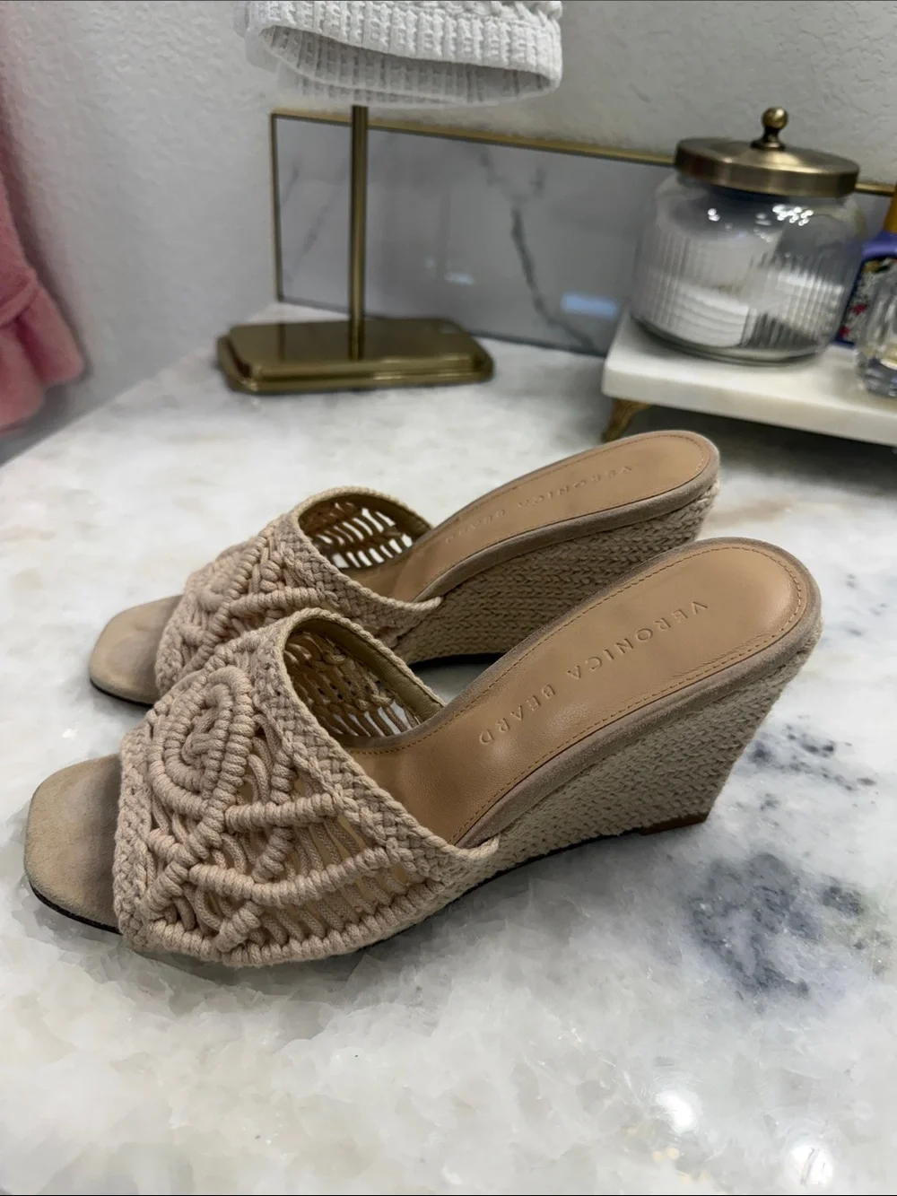 Veronica Beard Woven Macramé Slide Wedge in Beige
